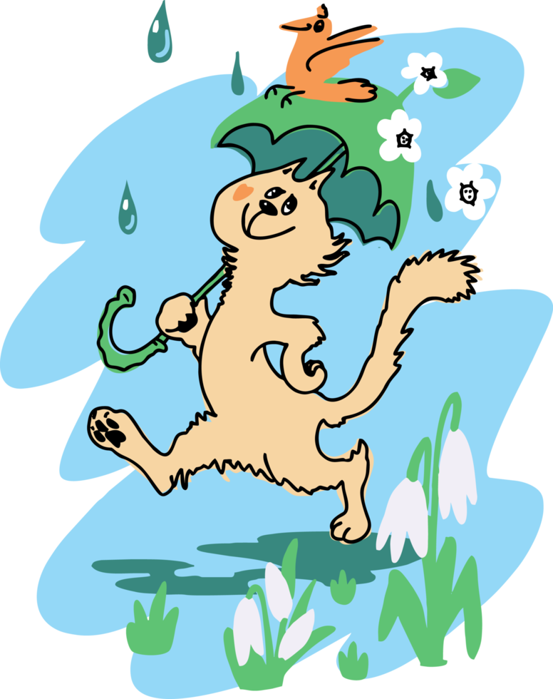 Cartoon cat with an umbrella goes in the rain. png