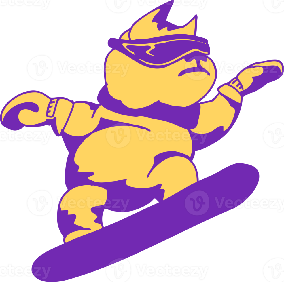 Cartoon cat-snowboarder on the snowy slope of the mountain. png