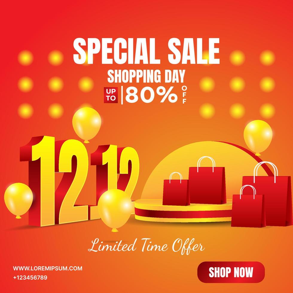 12.12 shopping day square banner with shopping bag, podium, balloons and the lights vector