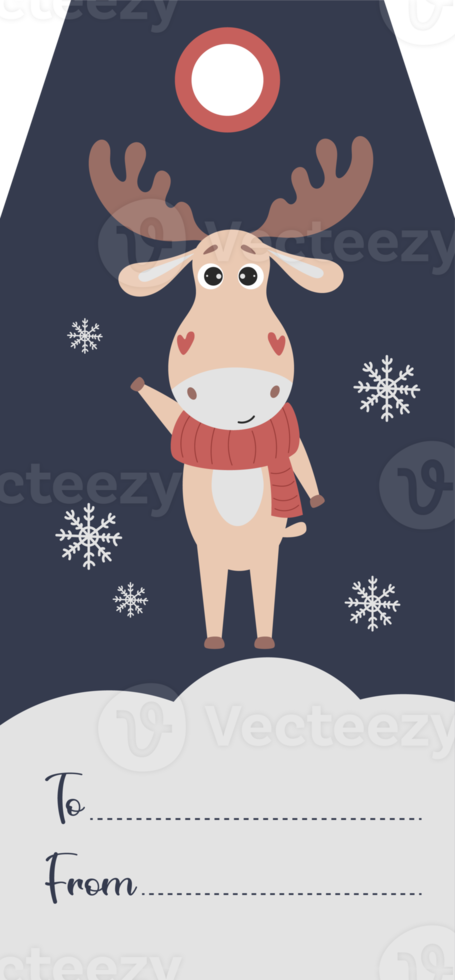 Christmas gift tag label with cute  with deer in scarf png