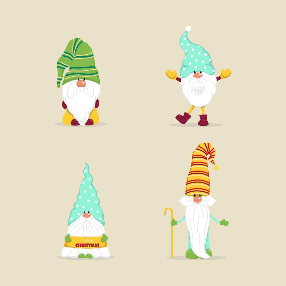 lindos gnomos navideños. personajes vectoriales en estilo plano. conjunto de gnomos navideños con regalos dulces ilustración vector