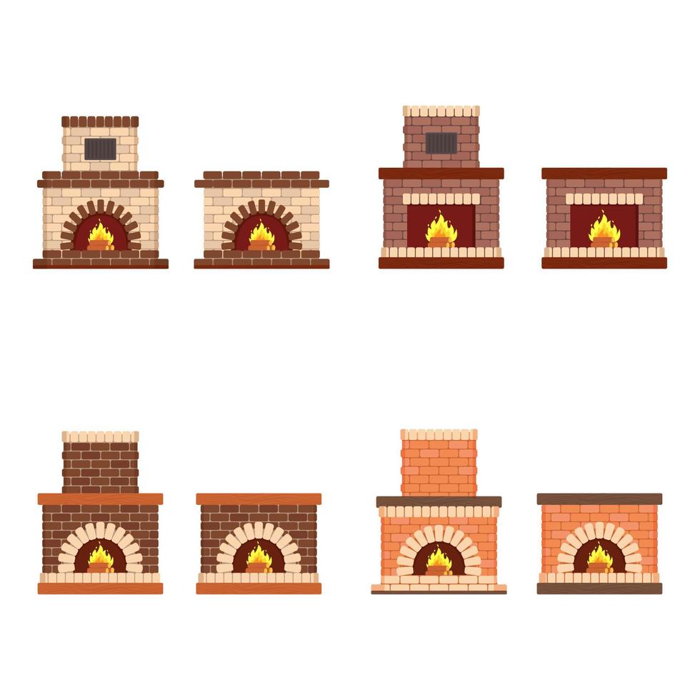 Brick fireplaces set. A variety of brick fireplaces, wood fires in the fireplace. Vector illustration isolated on white background.