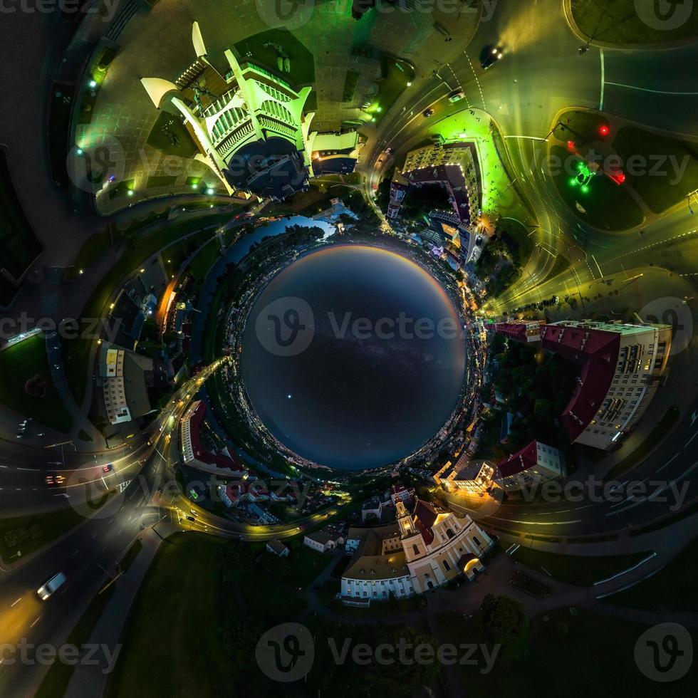 black sphere inside overlooking old town, urban development, historic buildings, crossroads. Transformation of spherical 360 panorama in abstract aerial view. photo