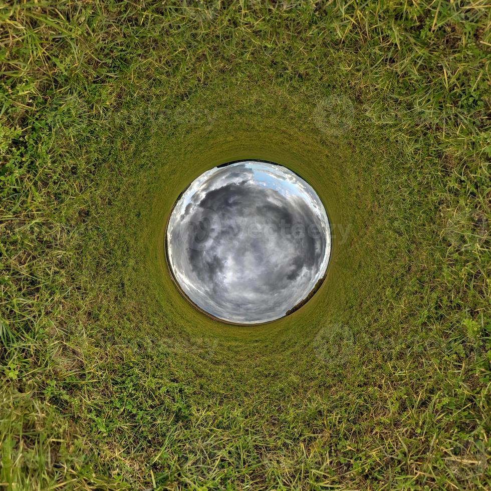 blue sphere little planet inside green grass round frame background. photo