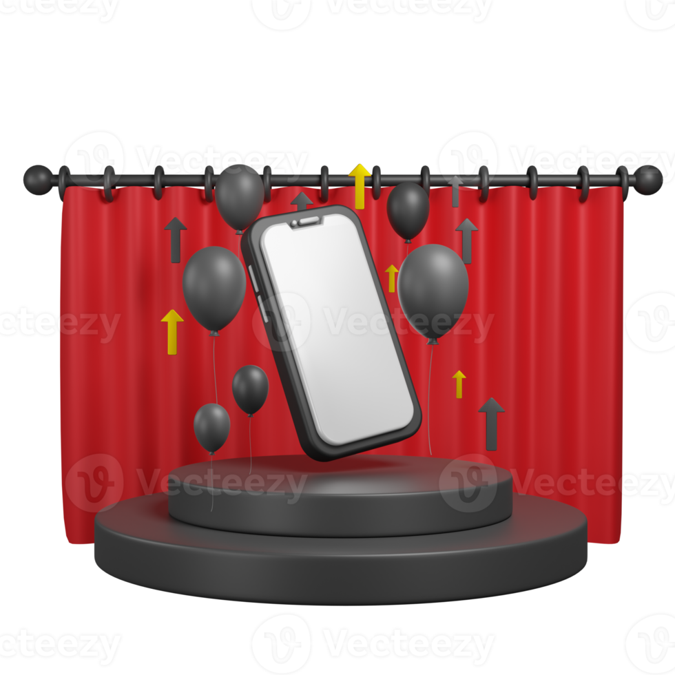 Black friday concept. Realistic 3d design stage podium, round studio, ballons, smartphone. Creative marketing concept. png