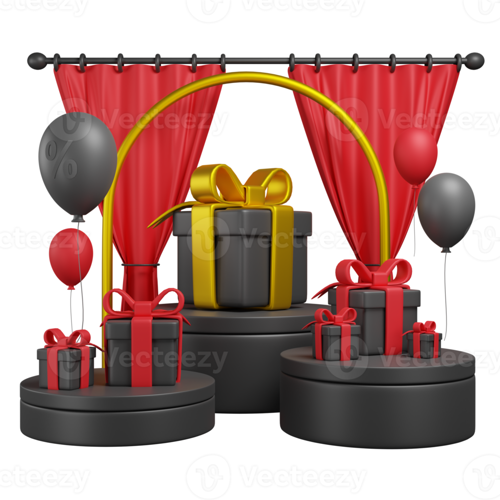 Black friday concept. Realistic 3d design stage podium, round studio, balloons, Creative marketing concept. png