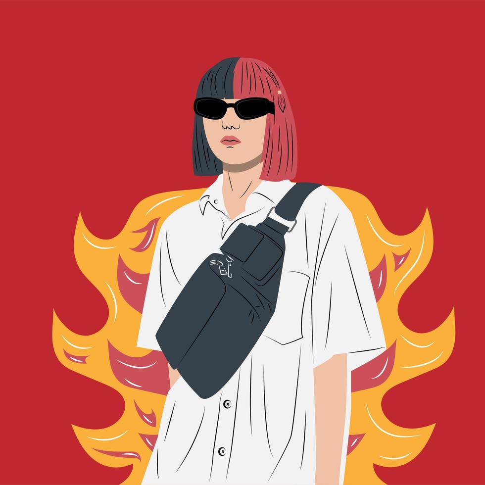 vector illustration of a woman with short hair with red black hair color, which is smoldering