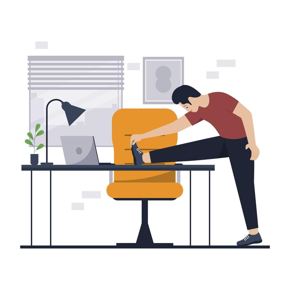 Flat design of man stretching at workplace vector