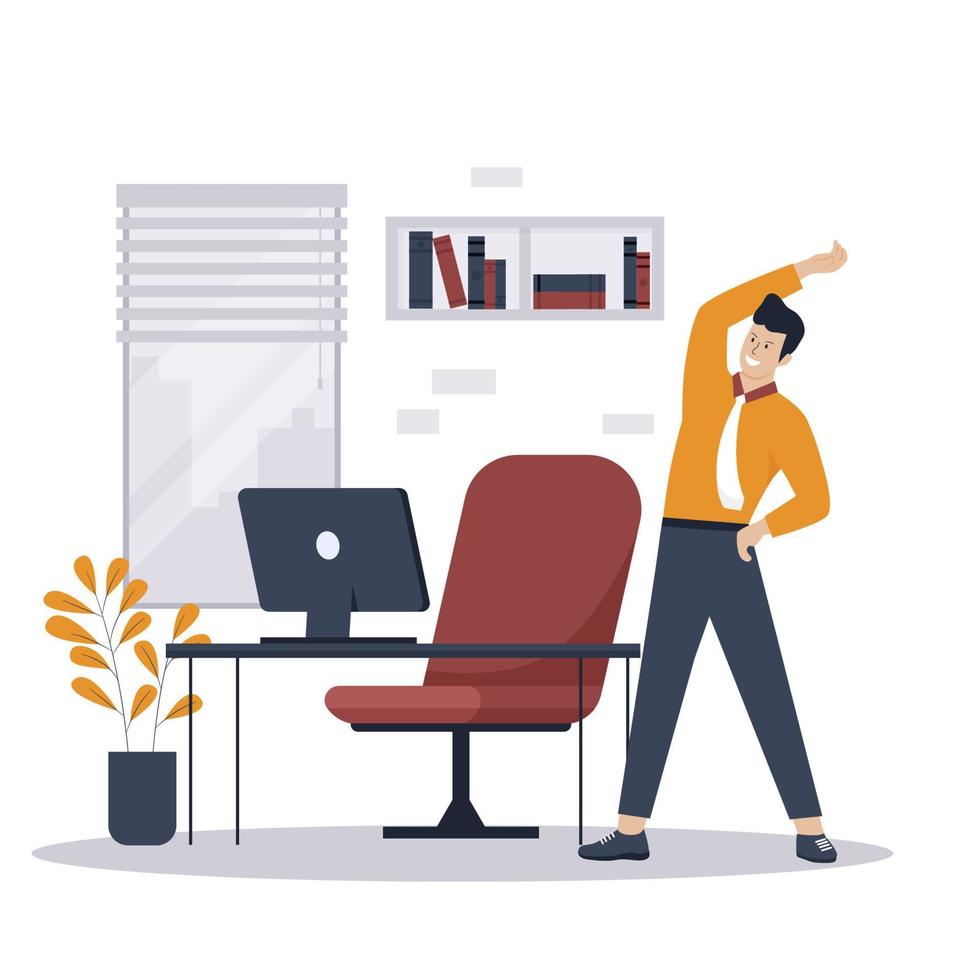 Flat design of man doing exercise stretch office workout vector