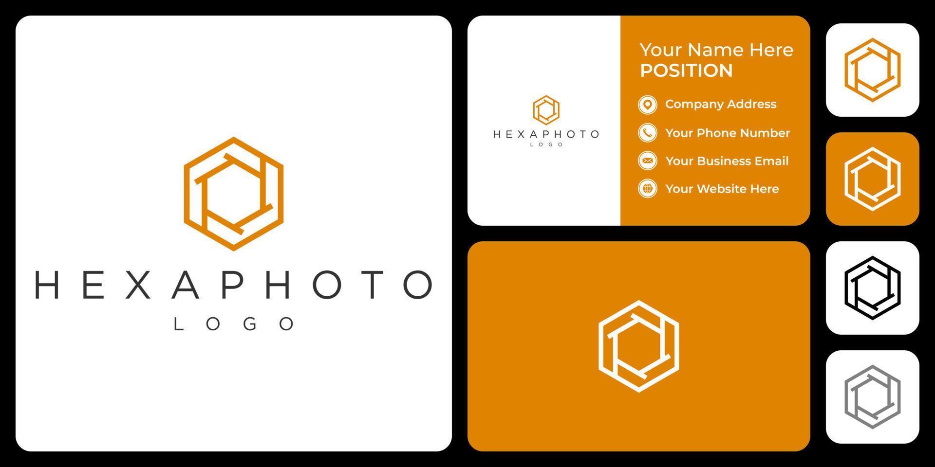 Hexagon photography logo design with business card template. vector