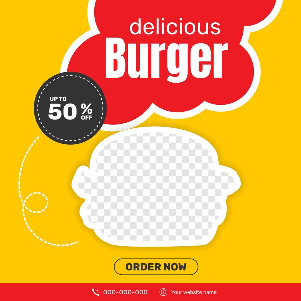 deliciosa hamburguesa y menú de comida pancarta en redes sociales. - vectores. vector
