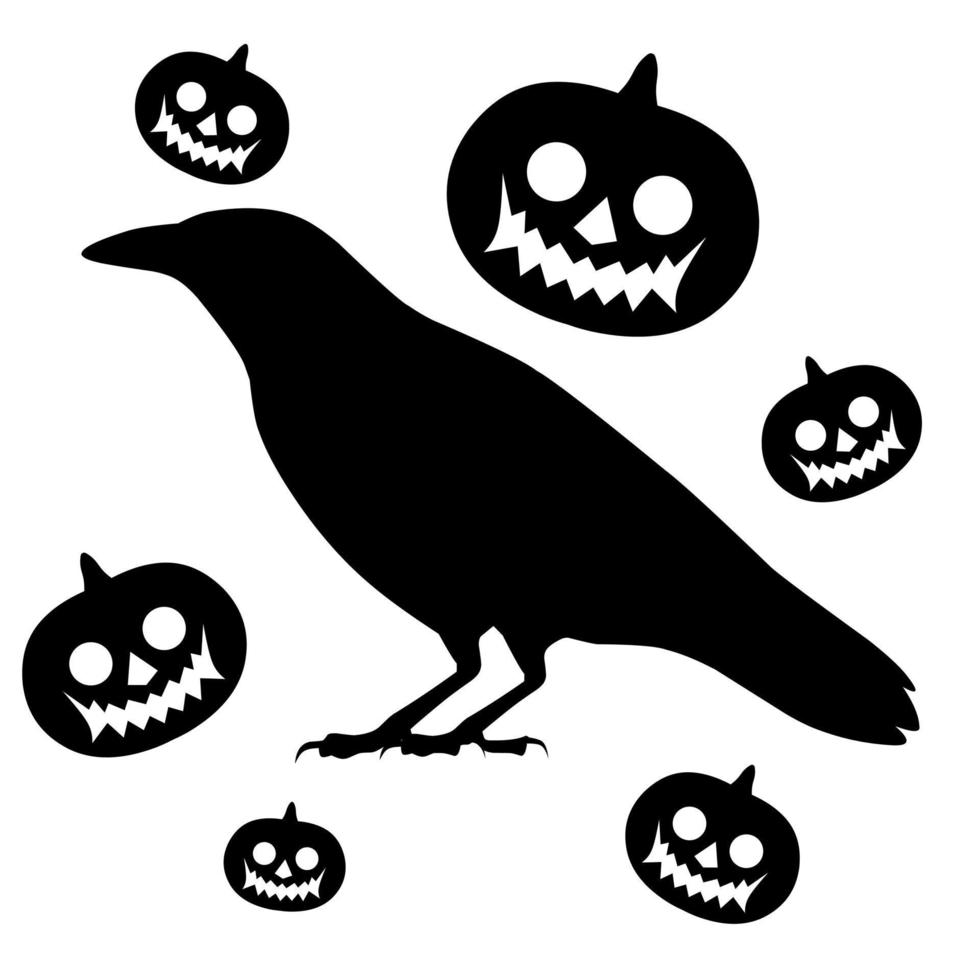 Silhouette vector illustration of a crow with a helloween pumpkin. Isolated on a white background. Great for Halloween themed logos