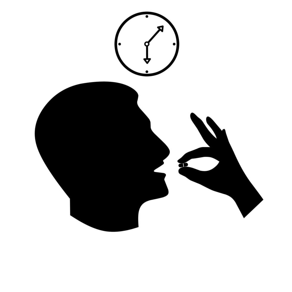 Vector illustration of taking medicine pills on time icon. Head with open mouth and hands holding pills. Isolated on a white background.