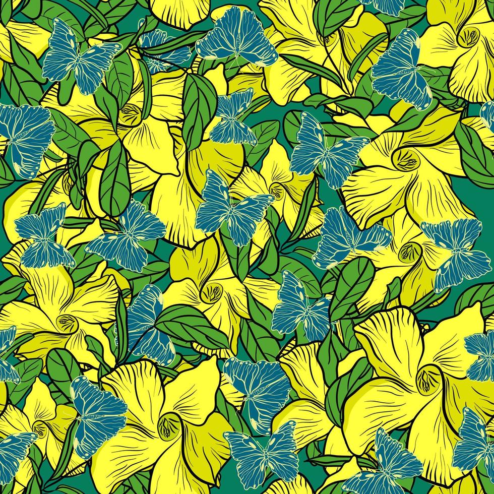 Seamless floral pattern with allamandra flowers and blue butterflies vector