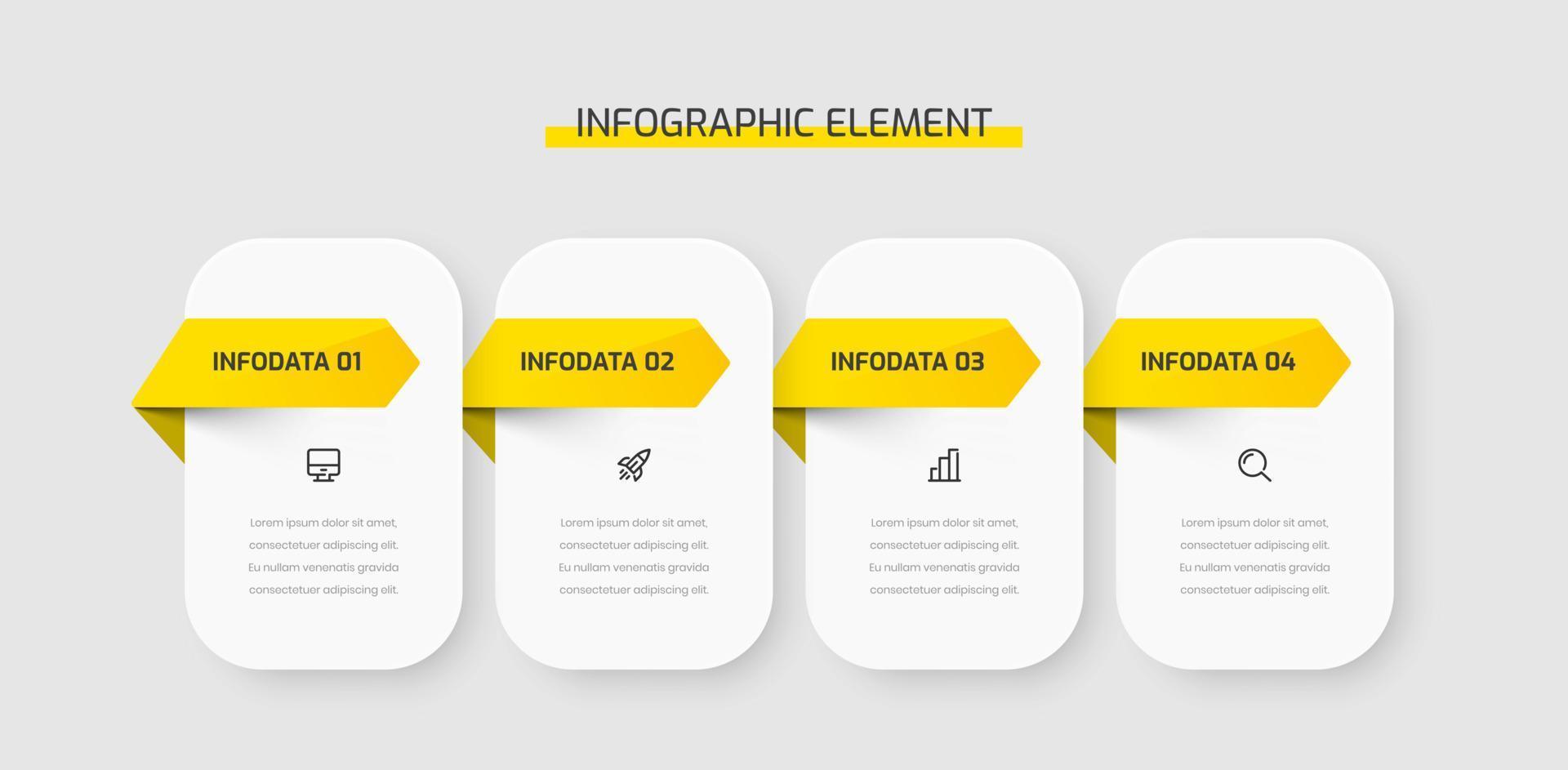 Business Infographic Template Presentation Rounded Rectangle Label with Yellow Color 4 Options, Arrow and Icons. Suitable for Process Diagram, Presentations, Workflow Layout, Banner, Flow Chart vector