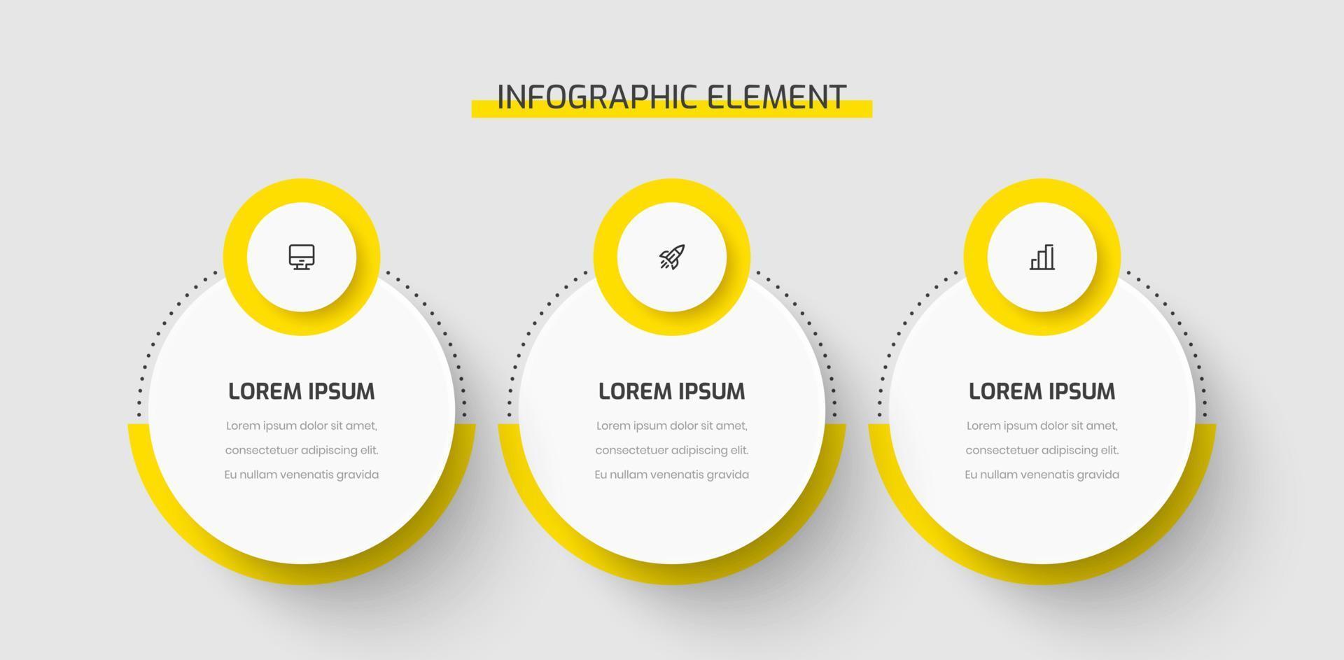 etiqueta de círculo de presentación de plantilla de infografía empresarial con color amarillo, 3 opciones e iconos. adecuado para diagrama de proceso, presentaciones, diseño de flujo de trabajo, banner, diagrama de flujo vector