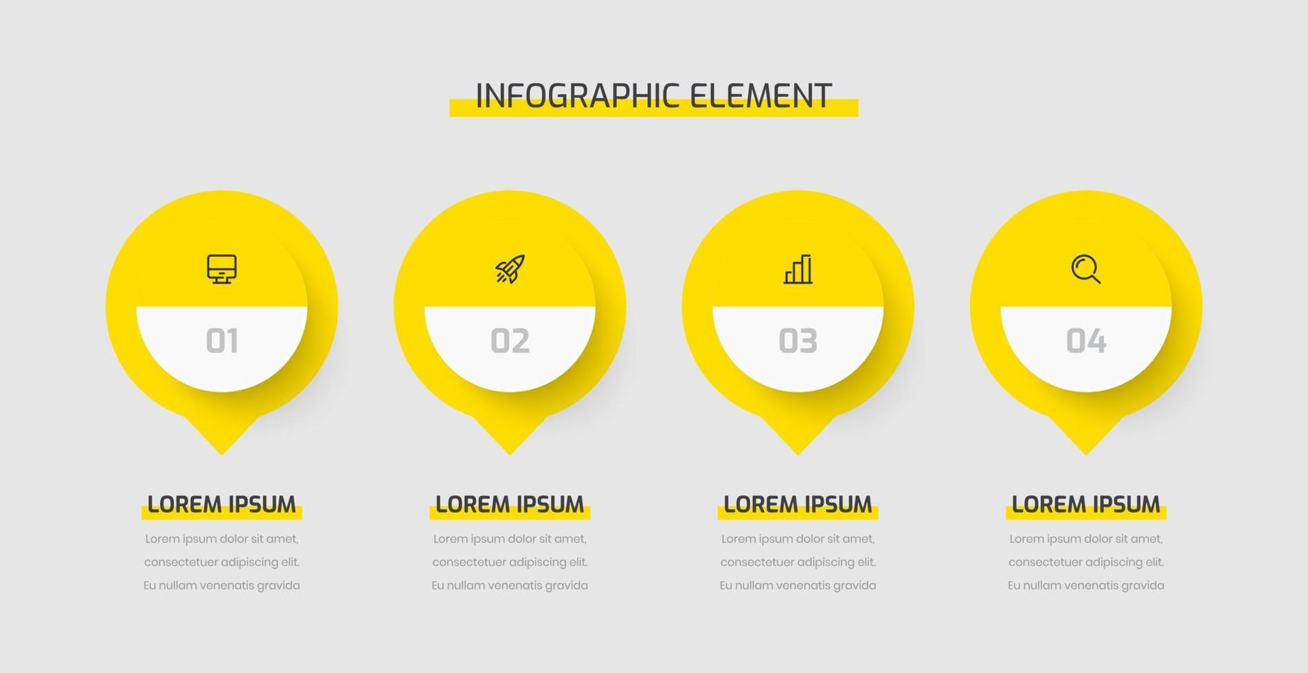 Business Infographic Presentation with Yellow Color 4 Circles, Numbers, and Icons. Can be Used for Process Diagram, Presentations, Workflow Layout, Banner, Flow Chart vector