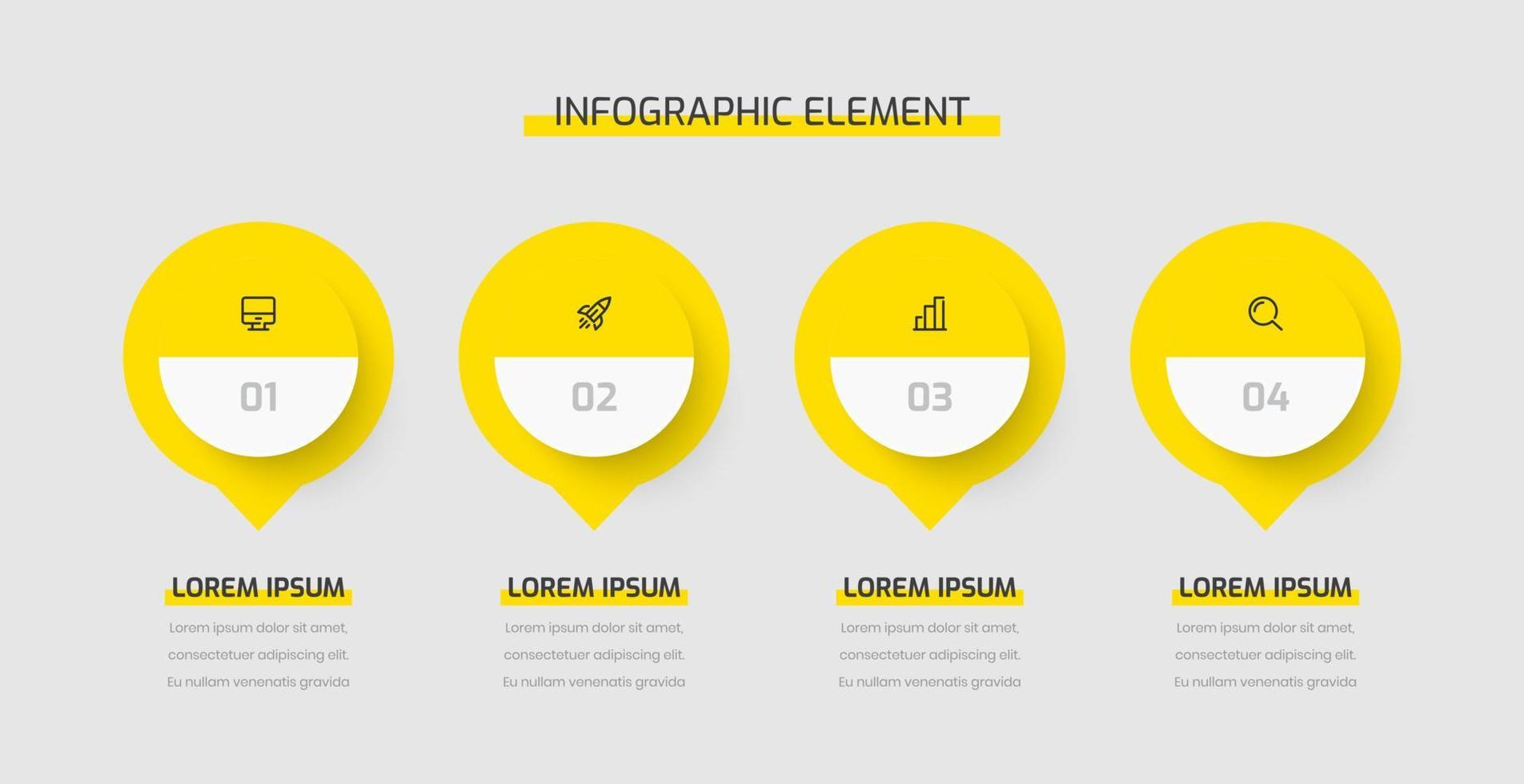 presentación infográfica de negocios con círculos, números e iconos de color amarillo 4. se puede utilizar para diagramas de proceso, presentaciones, diseño de flujo de trabajo, banner, diagrama de flujo vector