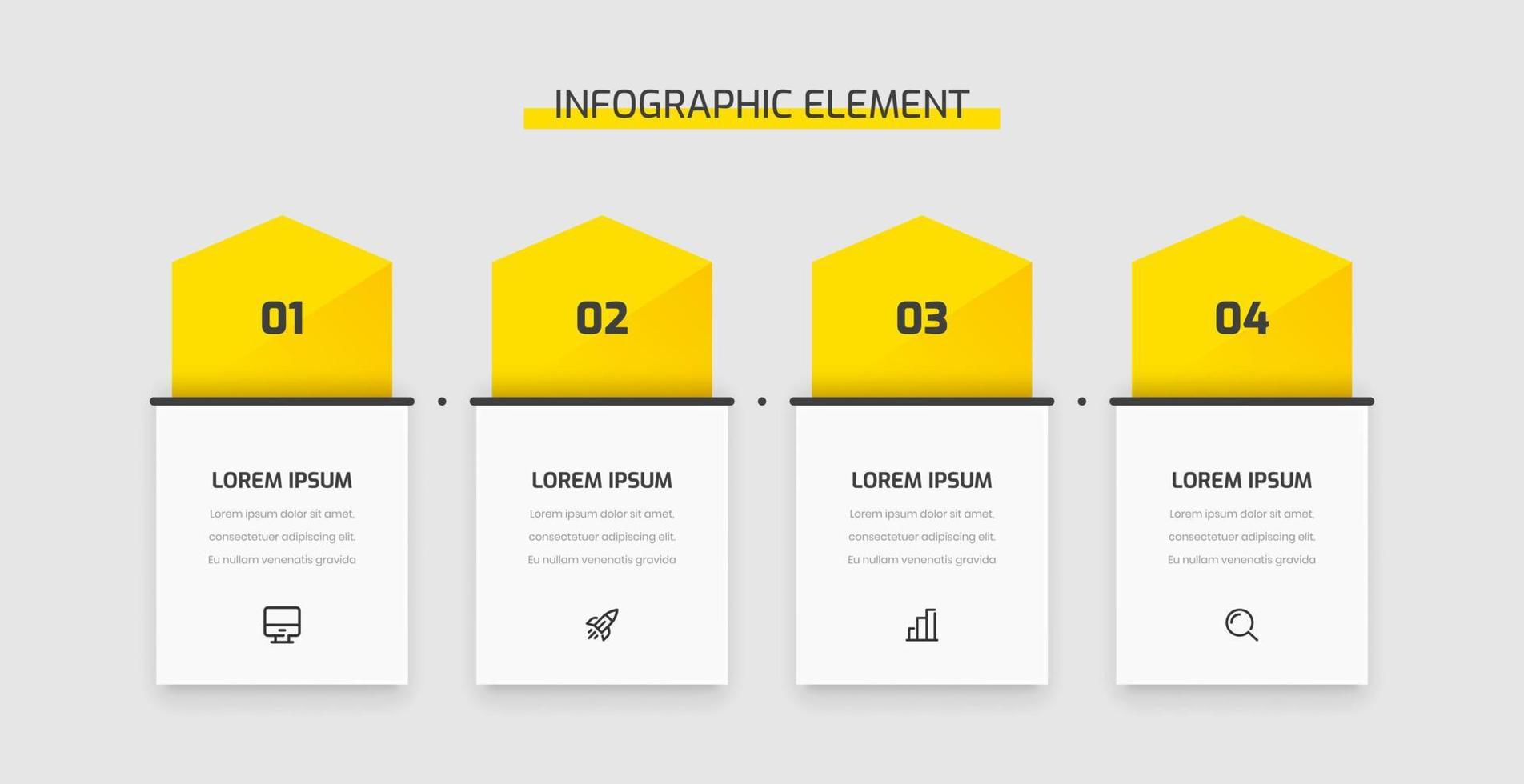 diseño de plantilla de presentación de infografía empresarial con color amarillo, icono y 4 números. adecuado para diagrama de proceso, presentaciones, diseño de flujo de trabajo, banner, diagrama de flujo vector