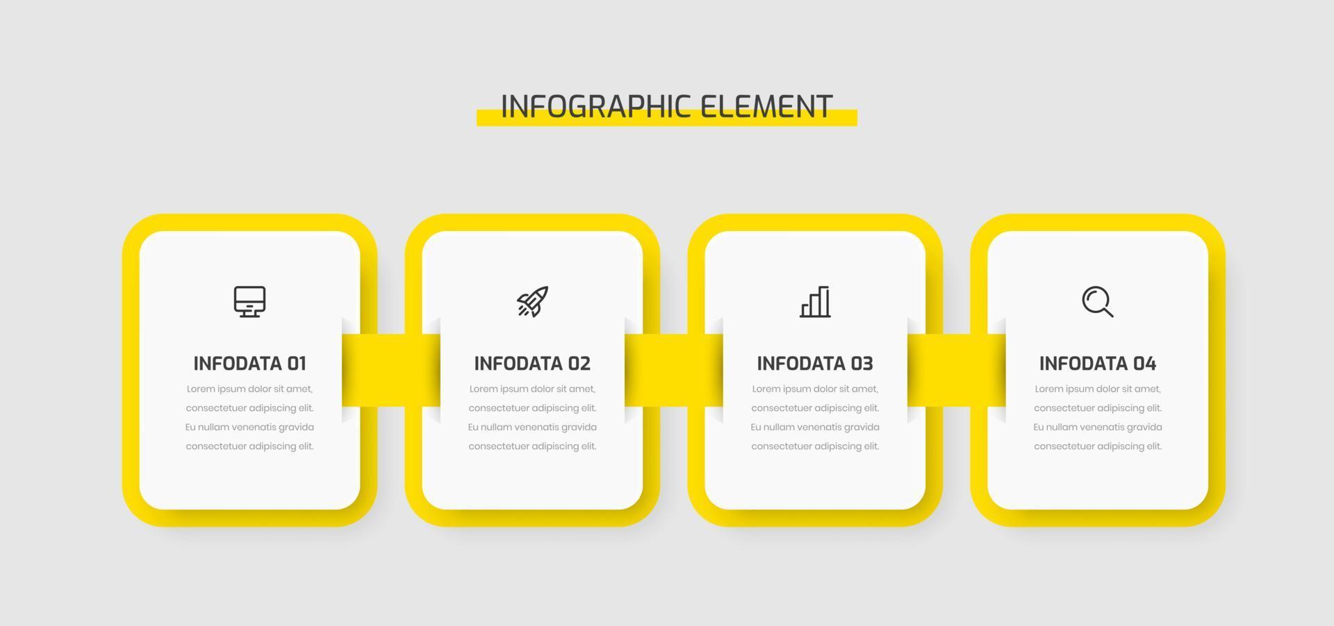 Timeline Infographic Template Design with Yellow Color, Rounded Rectangle, 4 Options and Icons. Can be Used for Process Diagram, Presentations, Workflow Layout, Banner, Flow Chart vector