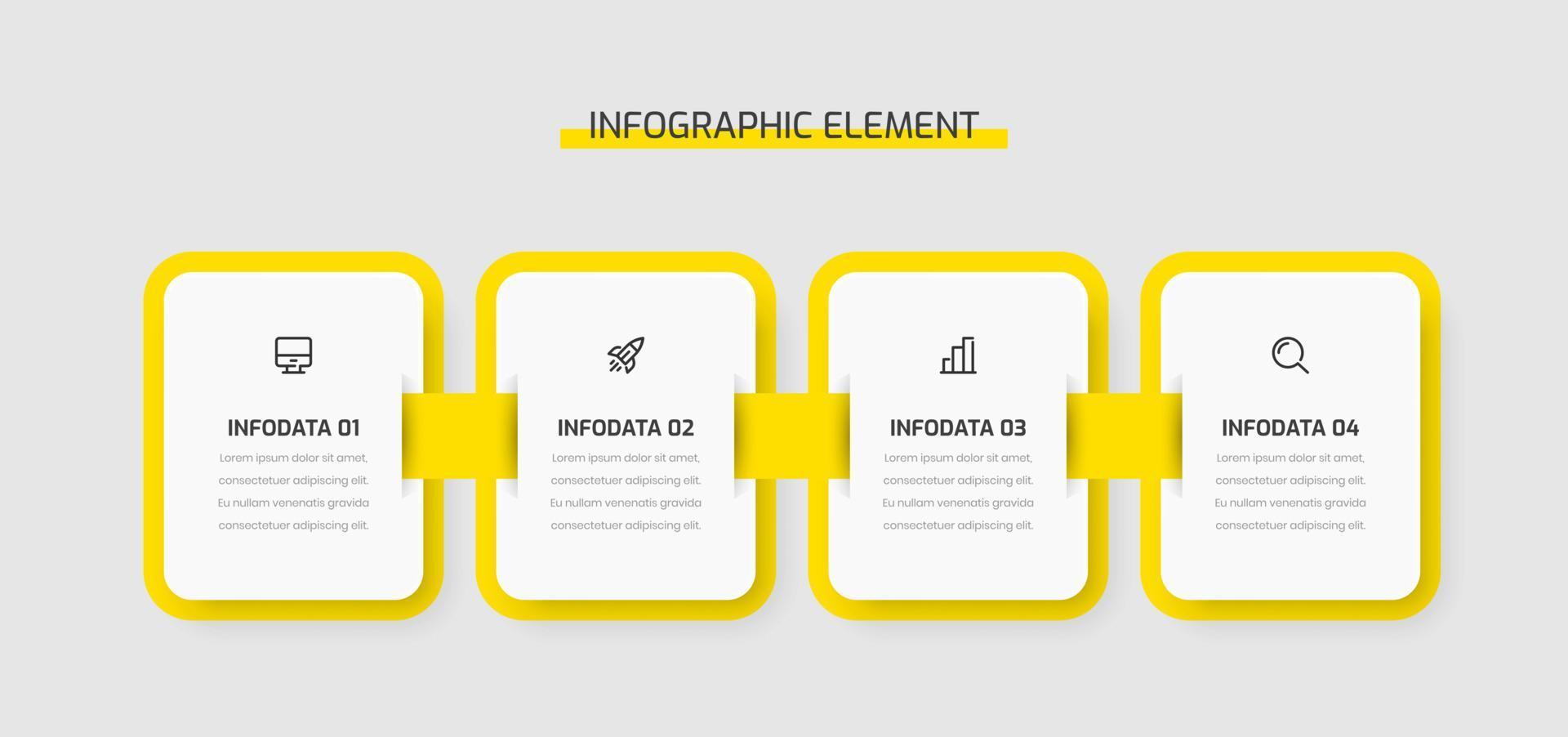 diseño de plantilla infográfica de línea de tiempo con color amarillo, rectángulo redondeado, 4 opciones e iconos. se puede utilizar para diagramas de proceso, presentaciones, diseño de flujo de trabajo, banner, diagrama de flujo vector