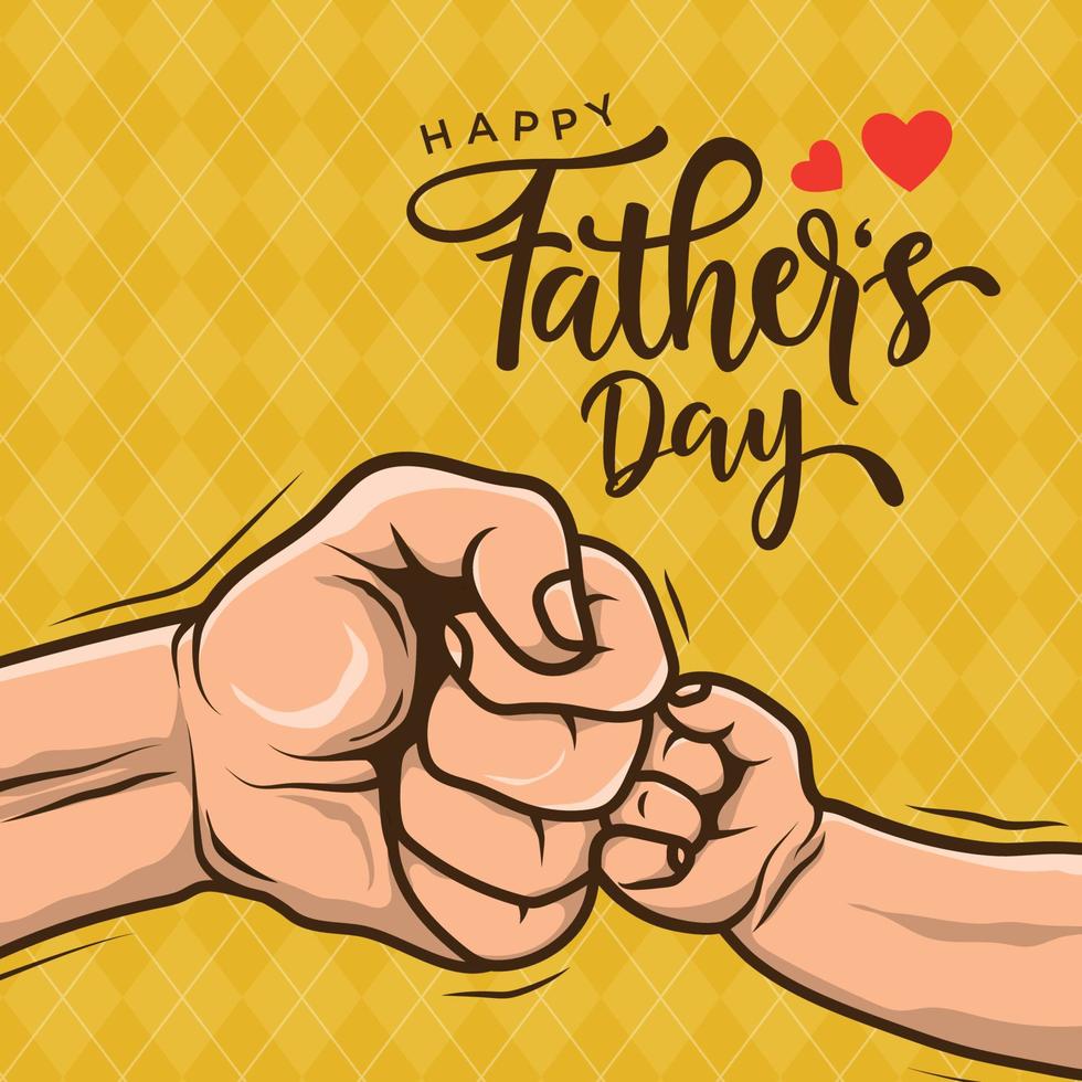 Happy Fathers day typography with Father and son fist bump in line art style on yellow background. Close-up cartoon hands gesture of a child and adult. Fatherhood lifestyle. vector