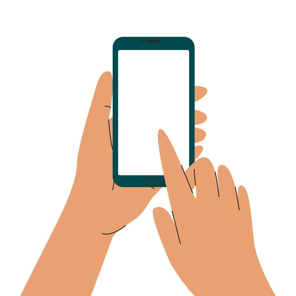 Hands holding a smartphone. A finger clicks on the screen. Isolated vector illustration on white background