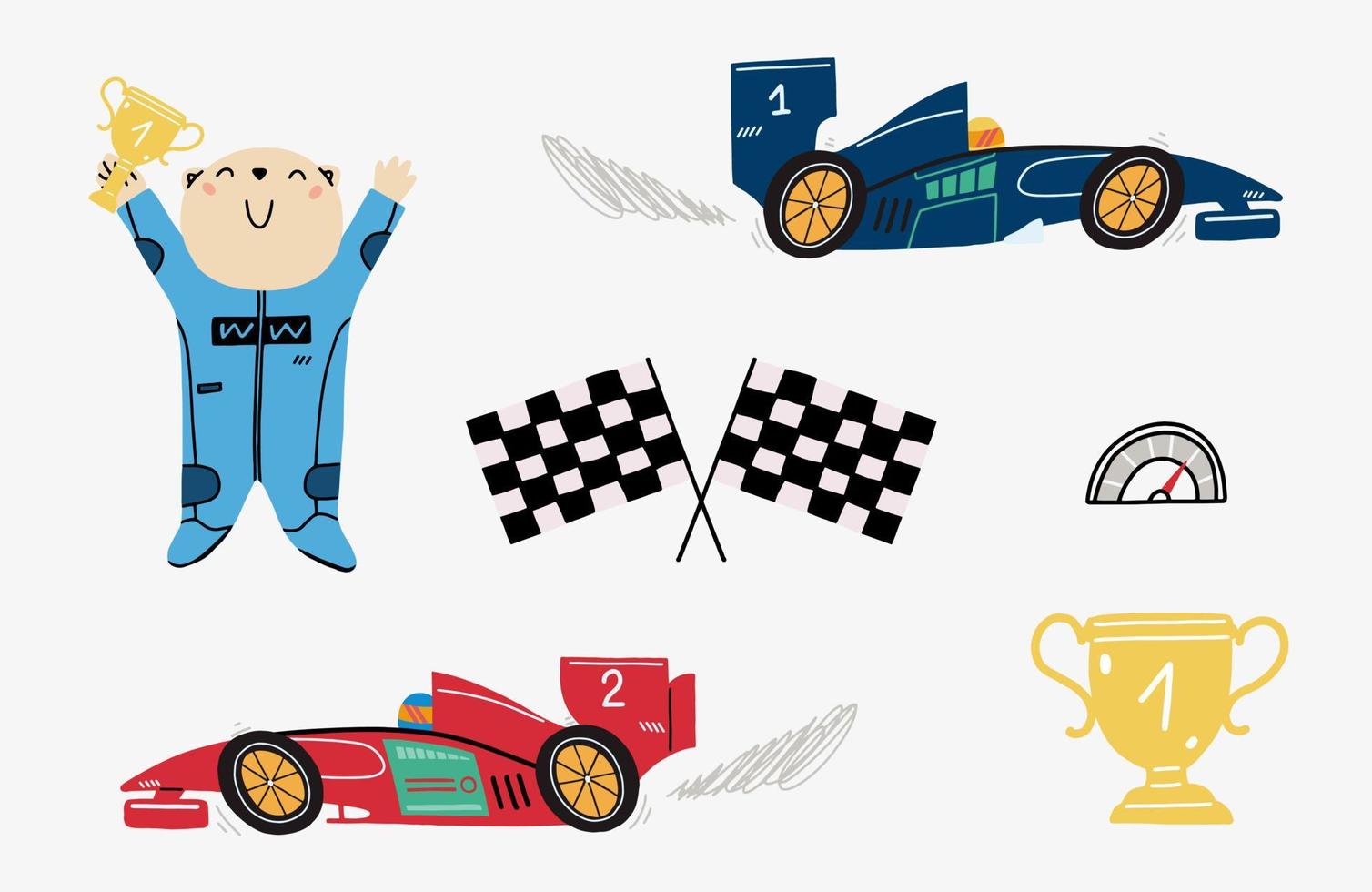 ambientado con un lindo corredor de osos, autos de carrera, copa ganadora, velocímetro, banderas de fórmula. ilustración infantil aislada sobre fondo blanco. vector