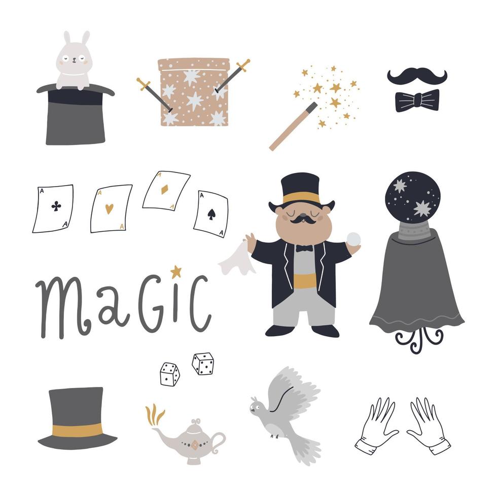 Set with cute characters, elements for tricks, hat, hare, magic wand, magic box, dove, cards. Children's illustration isolated on a white background. vector