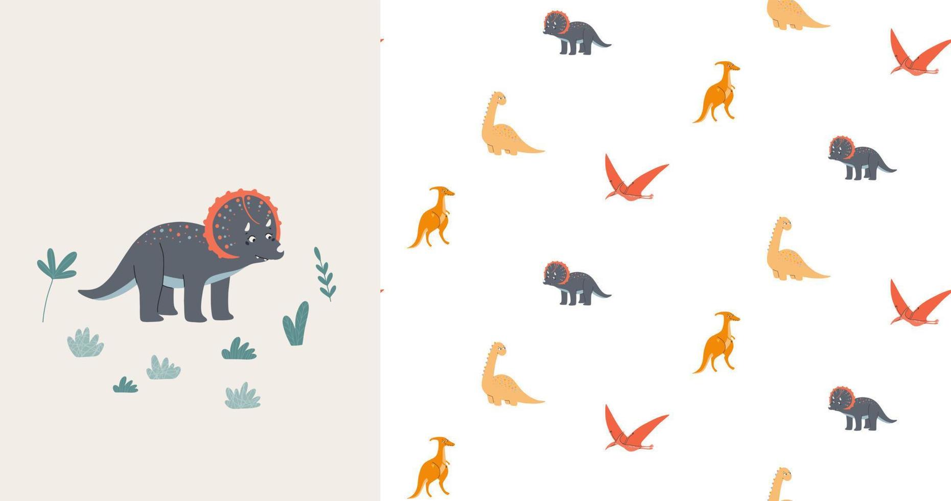 Seamless pattern and card with cute dinosaurs. Prehistoric era. Children's illustration. vector