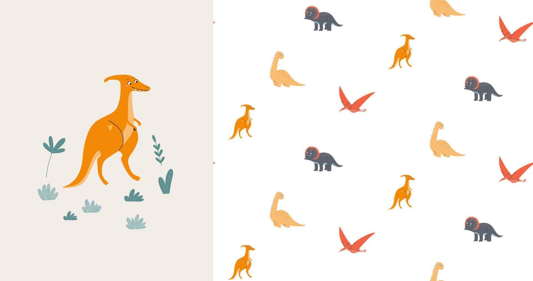 Seamless pattern and card with cute dinosaurs. Prehistoric era. Children's illustration. vector