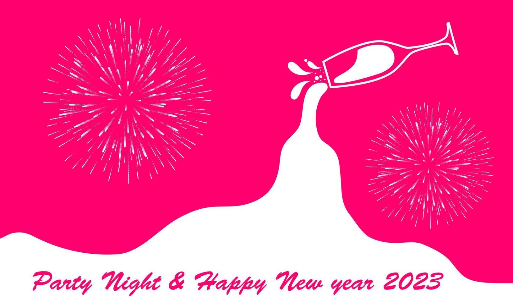 Party Night And Happy New Year 2023 . Greeting card with the inscription Happy New Year 2023. Memphis bright geometric style for Happy New Year or Merry Christmas. Holiday background, banner, poster. vector