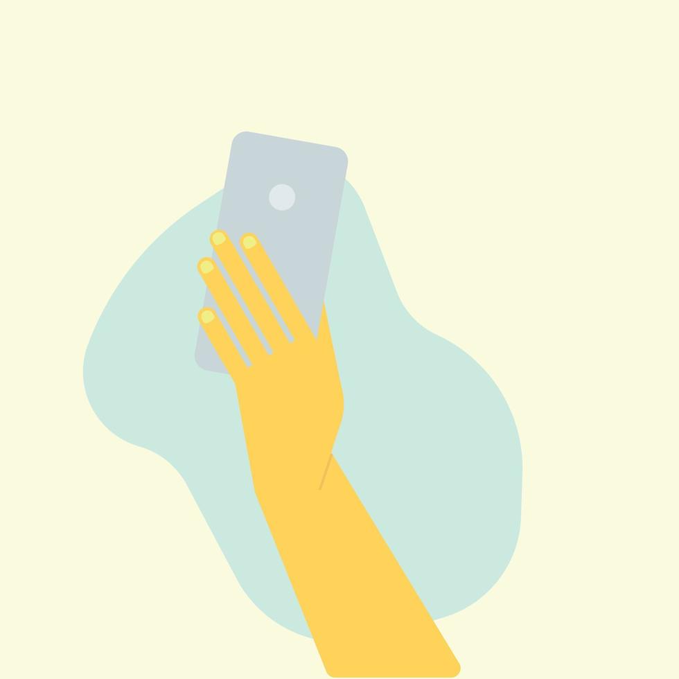 Hand holding mobile phone horizontally and vertically with blank screen illustration vector set in flat style, palm is touching smartphone display with thumb finger.