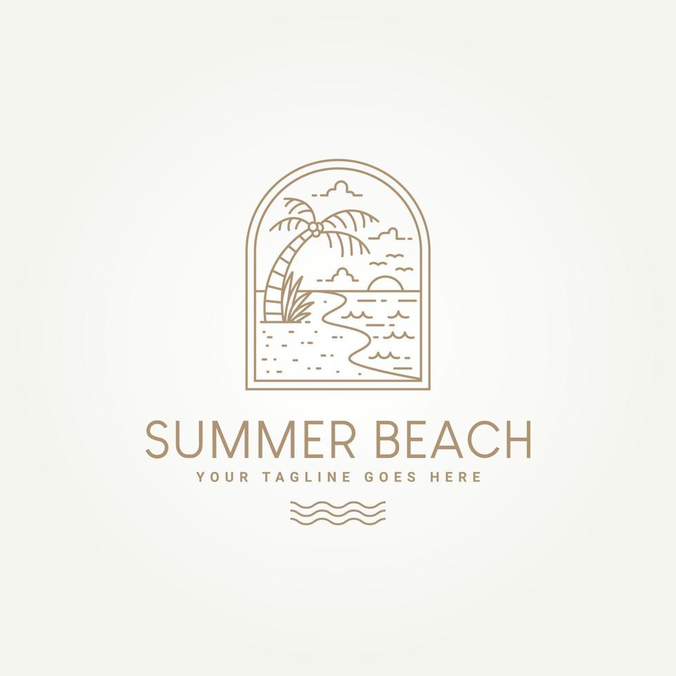 minimalist summer beach vibes badge line art icon label logo template vector illustration design. simple modern summer beach with palm, sun and sea emblem logo concept