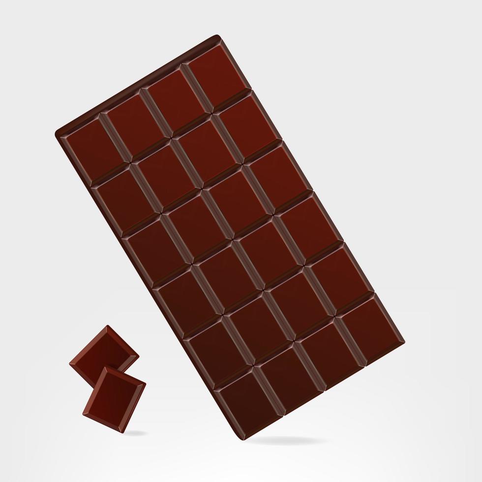 Chocolate bar with pieces on white background, closeup realistic vector illustration.