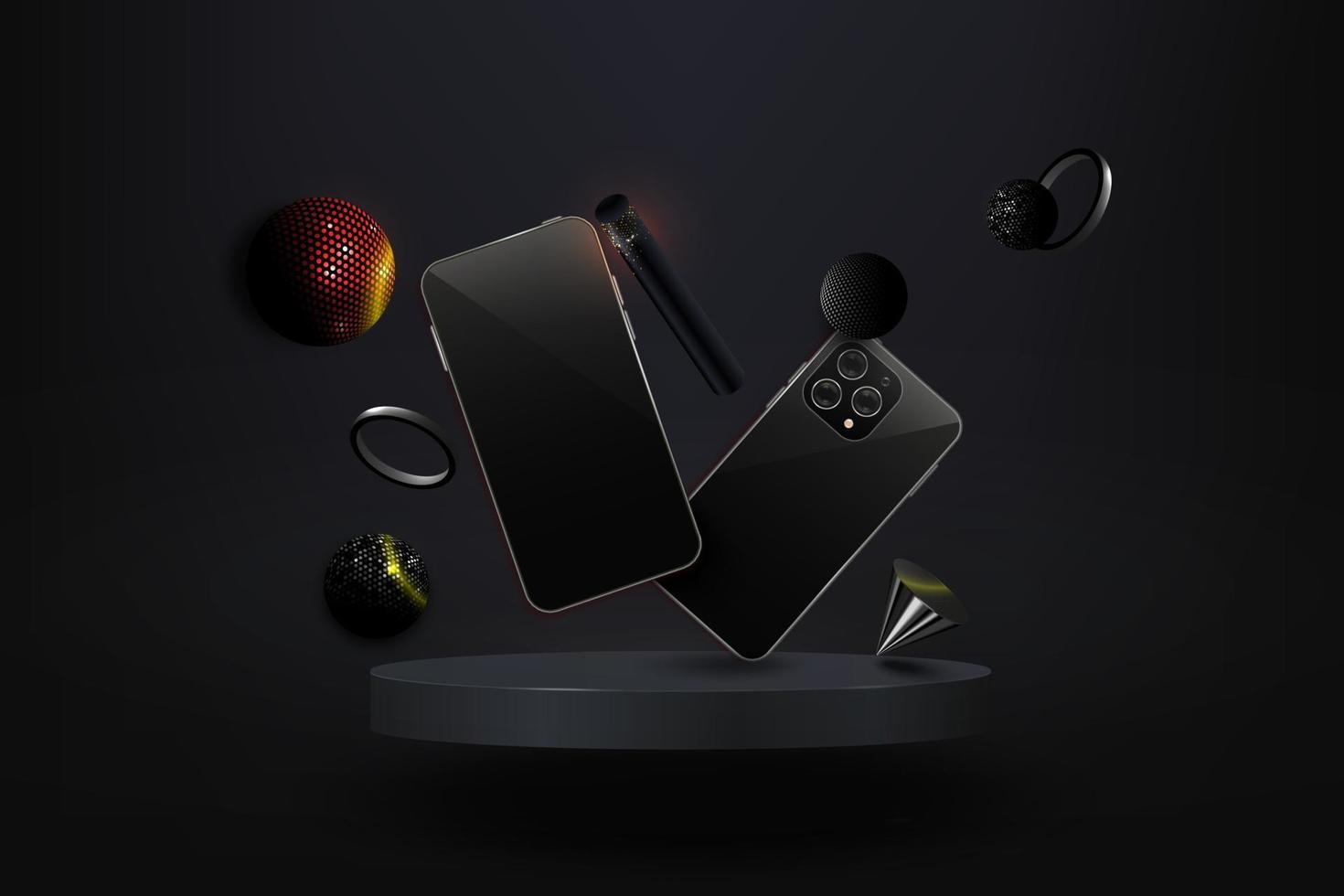 Two dark realistic smartphones with geometric figures on podium. Mobile phones and simply realistic objects. Modern cell phones template on black background. vector