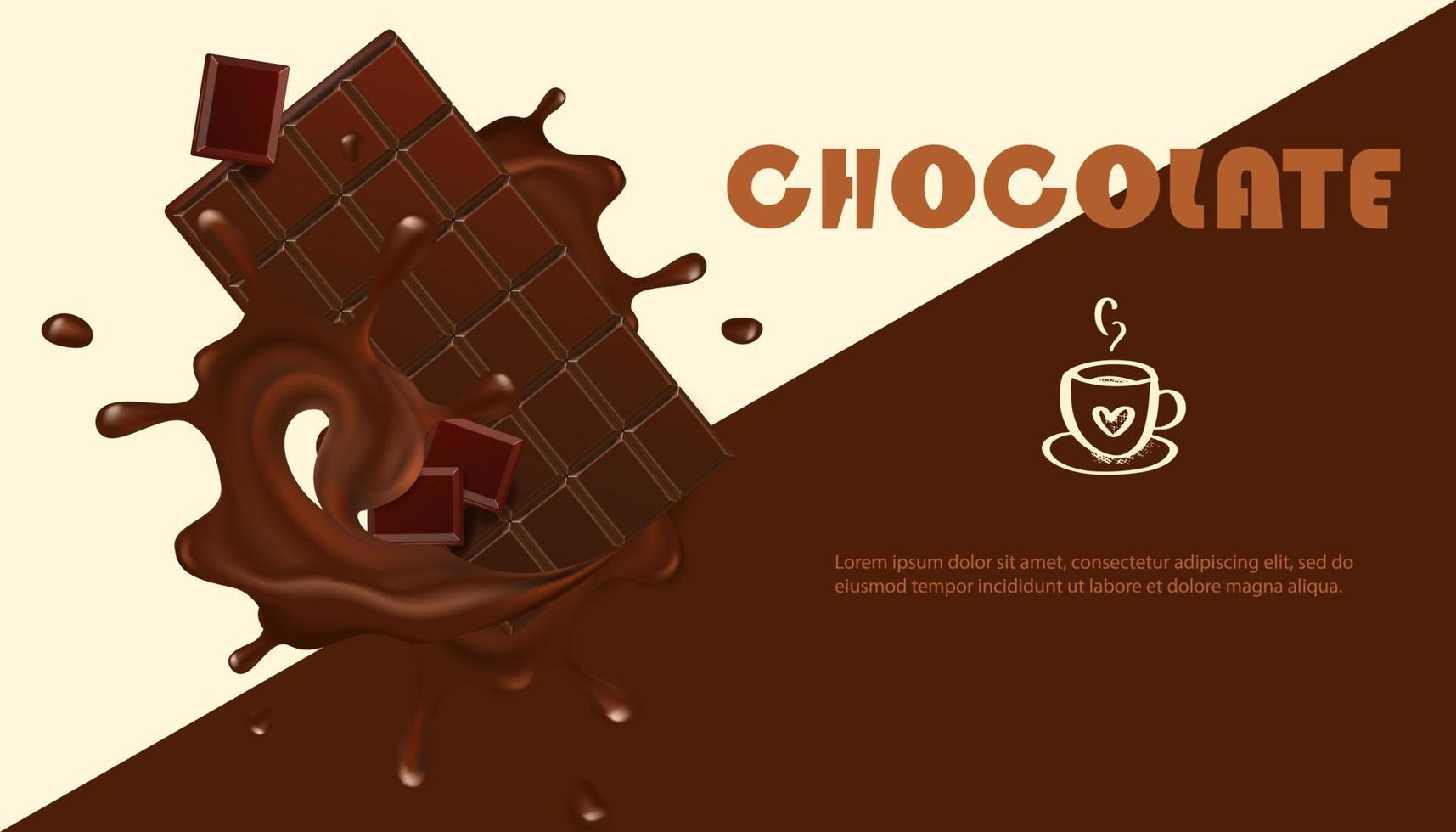 Realistic vector set, chocolate bar in bursts. Chocolate banner with swirls and drops.