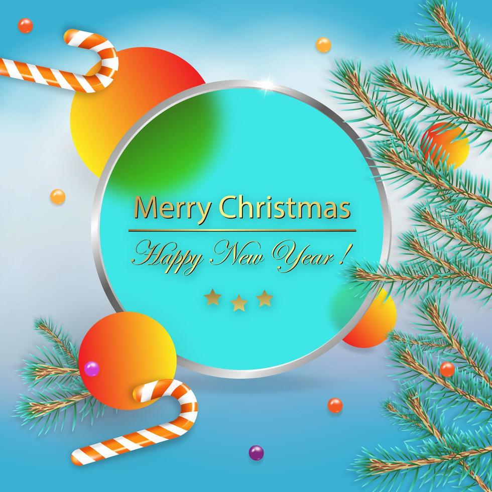 Christmas decor with pine branches, candy canes, christmas balls. Christmas concept with glassmorphism effect. New year vector card on red background.