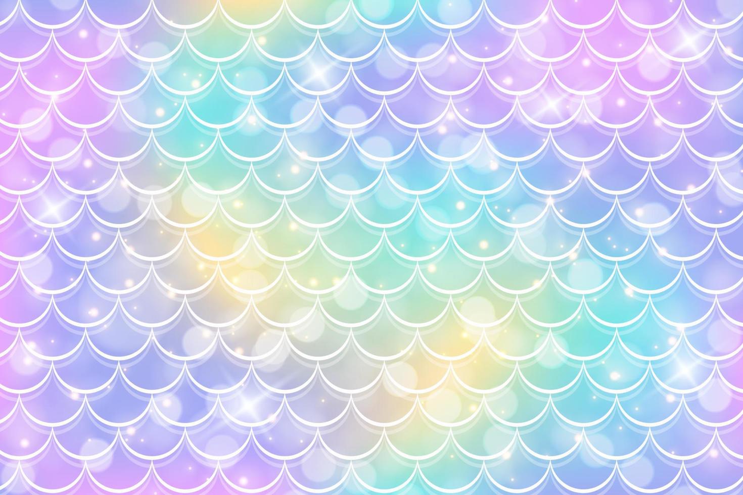 Mermaid holographic background with scale and stars. Iridescent glitter fish tail pattern. Kawaii vector texture.