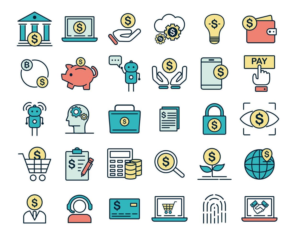Fintech thin line color icons set, vector illustration