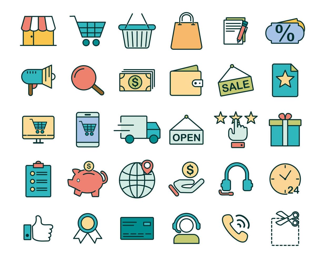 E-commerce thin line color icons set, vector illustration