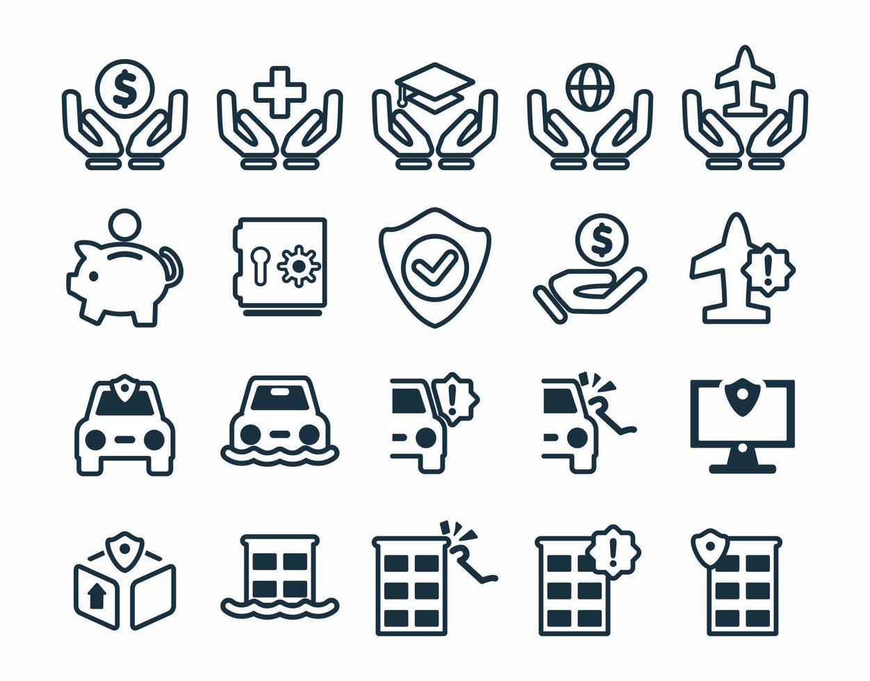 Insurance icon set. Protection of health, life and property, linear design. Line with editable stroke vector