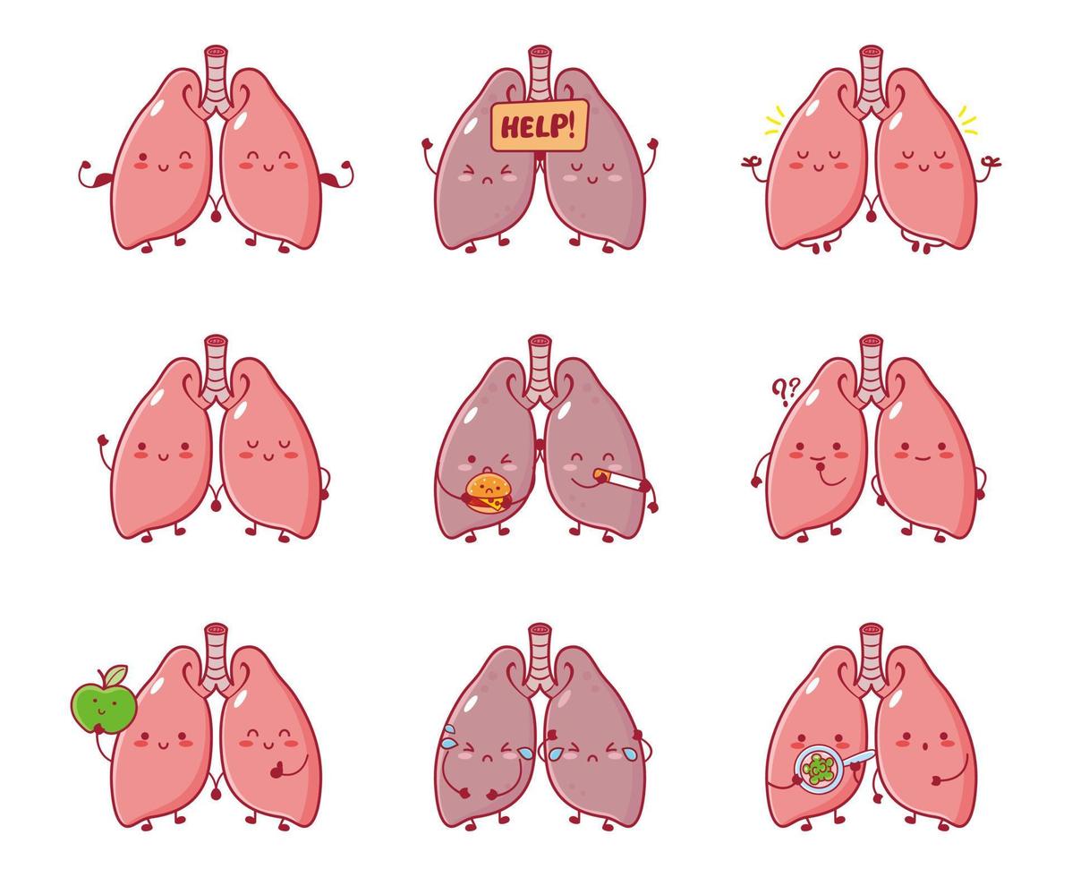 Cute funny human lungs organs cartoon character set collection. Vector line cartoon kawaii character illustration icon