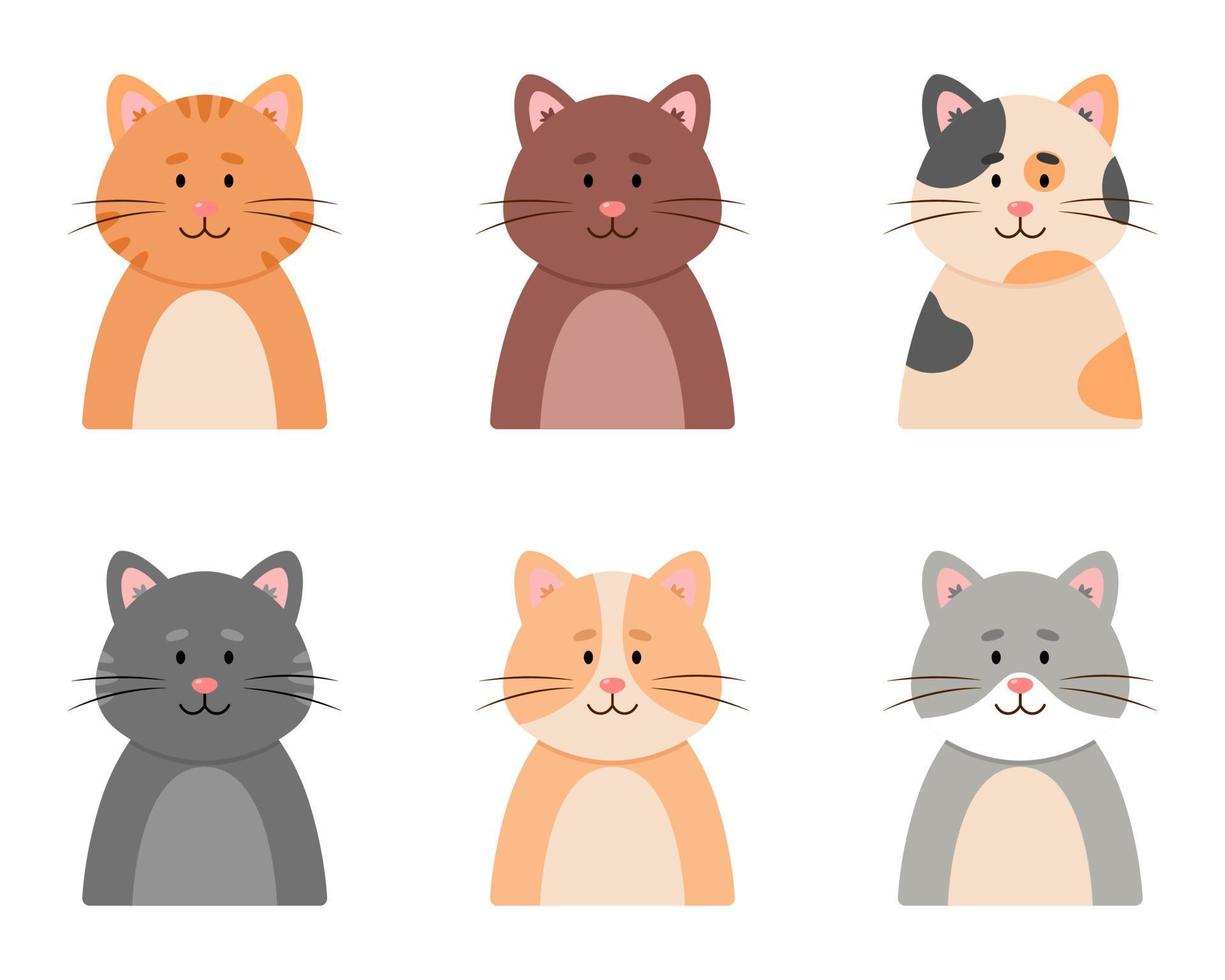 Cute cats collection, isolated on white background.Cats face character. Kittens in cartoon style. vector