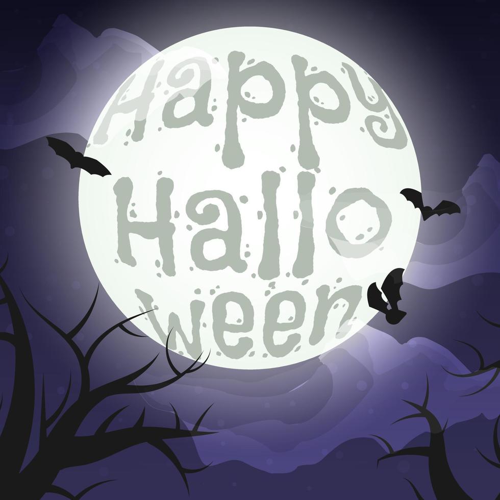 Happy halloween card with full moon, bats, trees vector