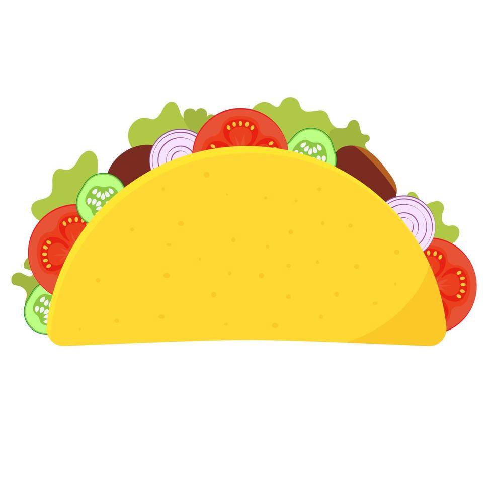 Tacos with meat and vegetables. Traditional Mexican fast food. Taco mexican food with tortilla, lettuce, cheese, tomato, minced meat, sauce. Isolated white background. EPS10 vector illustration.