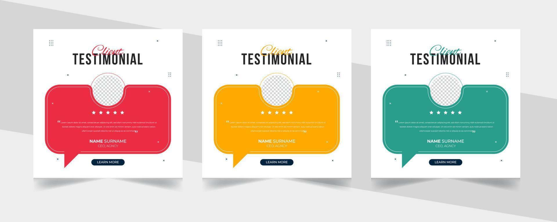 Creative and Simple client testimonial social media post design. Customer service feedback review or testimonial social media post or web banner with color variation template. vector