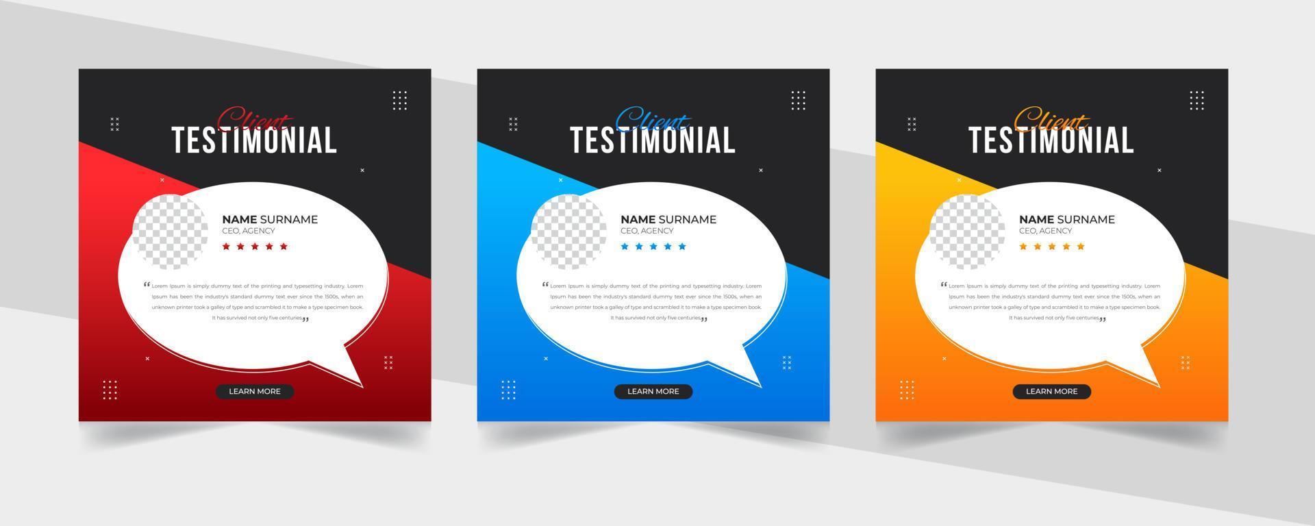 diseño creativo de publicaciones en redes sociales con testimonios de clientes. revisión de comentarios de servicio al cliente o publicación testimonial en redes sociales o banner web con plantilla de variación de color. vector