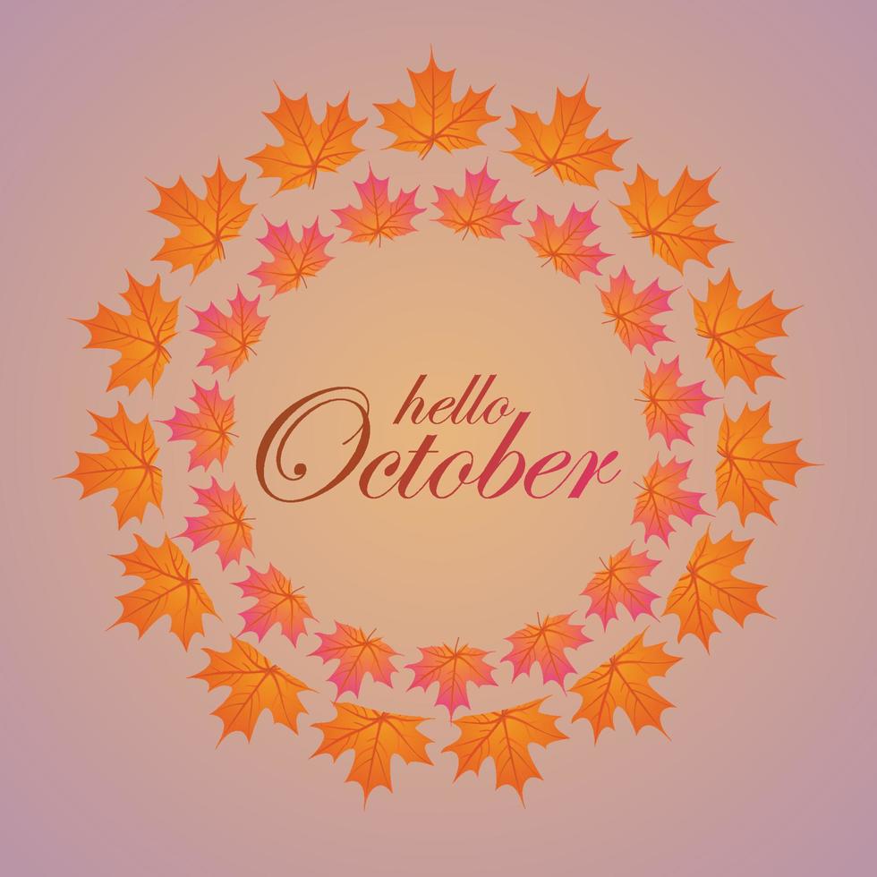 Hello October with circular leaves premium vector illustration