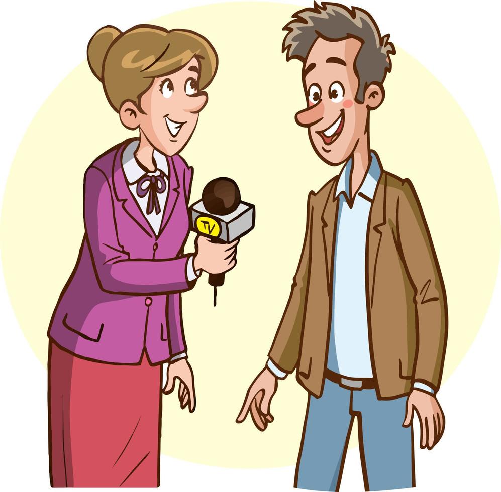 female journalist doing street interview vector illustration